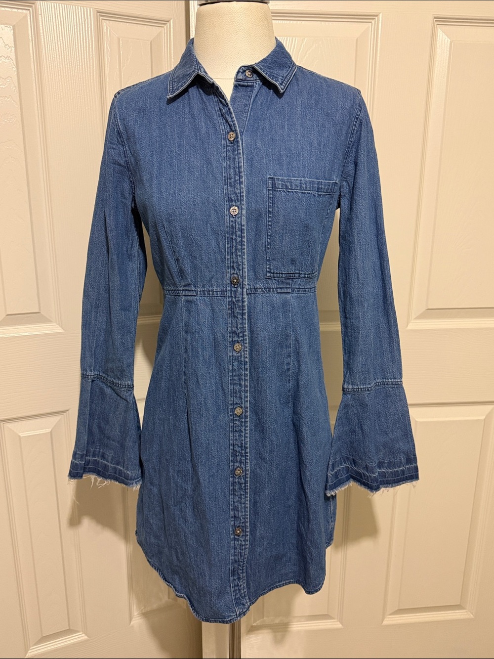7 For All Mankind Bell Sleeve Denim Shirt Dress Classic Casual
